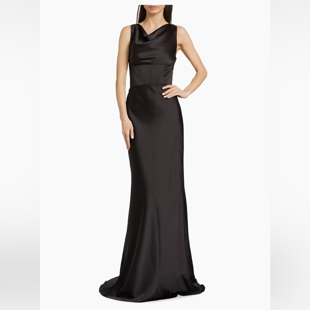 Amsale Satin Cowlneck Corset Gown Black
